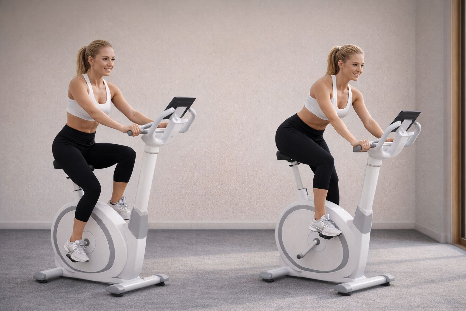 Kvinna tränar på motionscykel med app-stöd via en integrerad skärm.